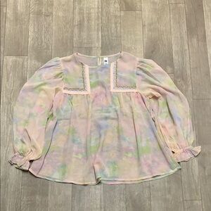 It’s Pastel Embroidery Colorful‎ Keyhole Balloon Puff Sleeve Top Blouse Shirt